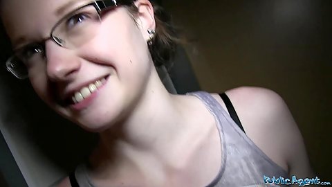 Hot looking college babe in glasses performing oral sex for cash