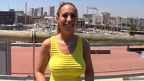 Outdoors on the rough top with big boobies flashing Kyra Hot in public