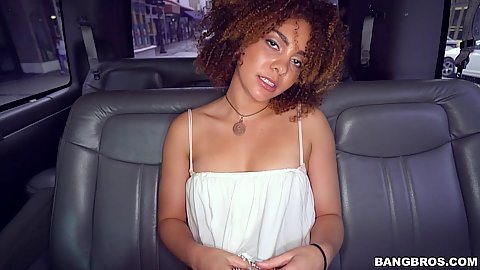 Slowly undressing ebony girl Payton Banks in backseat sitting in her bra