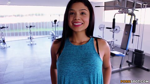 Smiling latina fully clothed Emma wants a hot workout