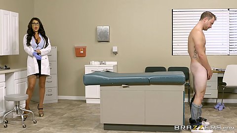 Fully dressed cfnm busty asian doctor August Taylor sucks patient while wearing latex gloves