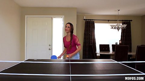 Playing some table tennis with petite college Vanessa Ortiz slowly removing her clothes