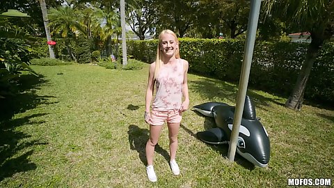 Outdoor playing with petite girl in shorts Aubrey Marie