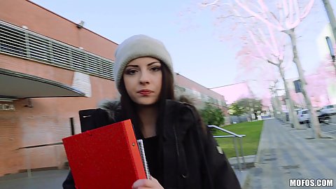 Brunette bookworm college student Rebecca Volpetti leaving her school to get picked up
