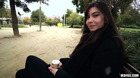 Outdoor pick up on a public bench with college Anya Krey getting paid for a quick flash