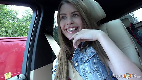 Riding around in a car with picked up fully clothed smiling cute teen Elle Rose