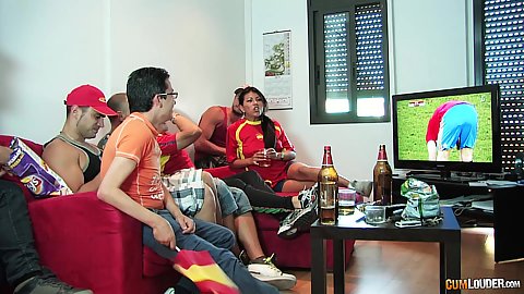 Sexy party soccer fan girls Yoha Gálvez watching the football match and wet sucking with saliva some large cocks