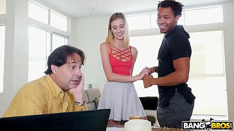 Slim blonde girl Haley Reed tries to pay back her father and fucks her big black cocked bf right behind him
