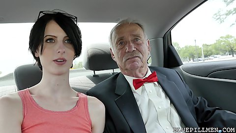 Old man with young girl in the backseat of a car with Alex Harper not wearing a bra and being groped a bit