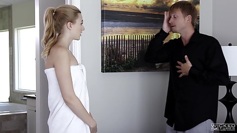 Alexa Grace walks into the room wearing a towel around her naked body a guy is in shock and quickly goes to bang the babysitter