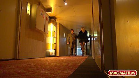 Hotel room visit with pantyhose wearing story based blonde slut Jentina Small and we play with her booty