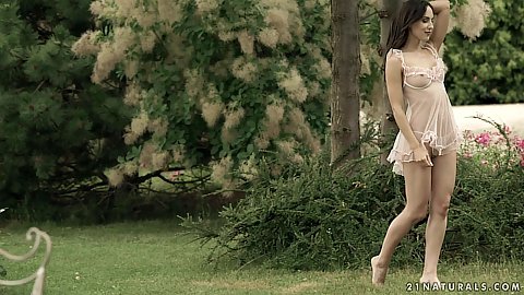 Lingerie walking barefoot on the grass with super flower brunette Lilu Moon getting loved