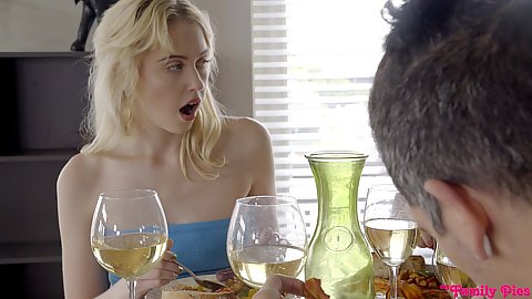 Stepsister Chloe Cherry at the dinner table feeling wet and plays with own snatch
