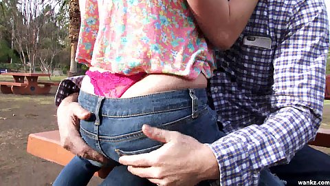 Whale tail in the public park girl Cadence Lux dry humps her man and goes inside to contiue fucking while wearing her jeans