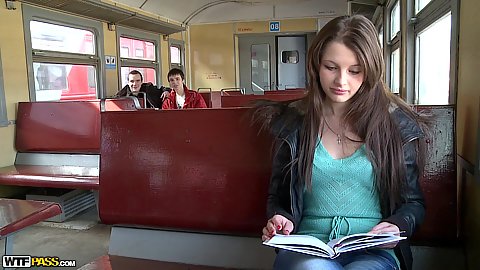 Cute face 18 year old amateur Lil Tammy taking the train all alone we approach to give her company and end up picking her up
