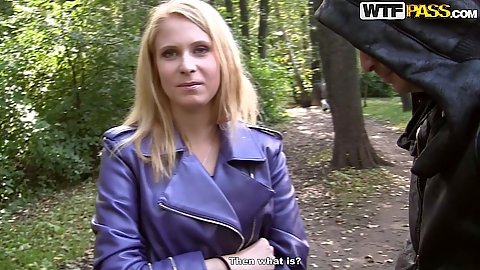 Blonde Amber Daikiri is not very eager to get naked but we convince her to flash boobs and show us ass in the park