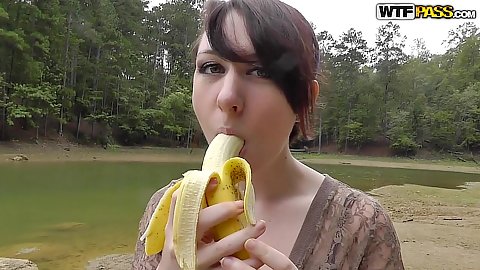 Feisty gf amateur teen eating a banana outdoors and sucking a penis as well Cheyenne