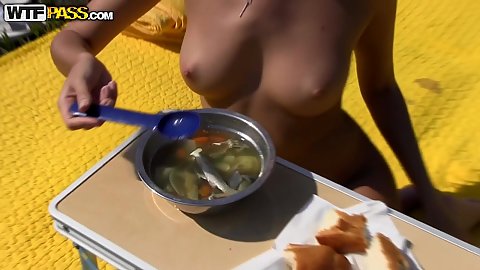Naked nudist couple camping outdoors making some food Princess Clover