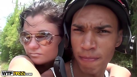 Sexy cute gf on the back of a motorbike with her bf going to the beach on vacation in public Victoria Tiffani