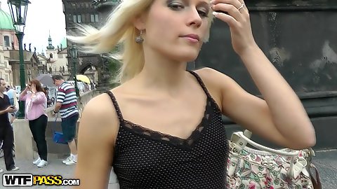 Slim blonde public teen Sweet Cat picked up for a very extravagant public tour of the streets in Prague