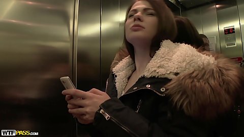 Pick up and taking the elevator with skinny petite teen Erika Kortni and two stranger men