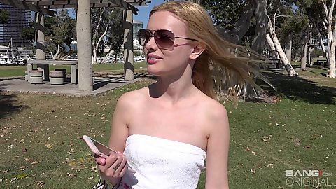 Sunglasses wearing 18 year old petite Kennedy Kressler no bra under her strapless dress she flashes no panties vagina in a public place outdoors