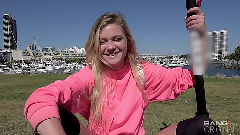 Little sport cock spinner nubile Chloe Foster in public on her scooter having a talk and a good time