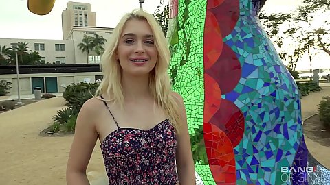 Smiling blonde 18 year old no bra wearing under crop top in public havin gfun with beautiful Anastasia Knight and driving in car