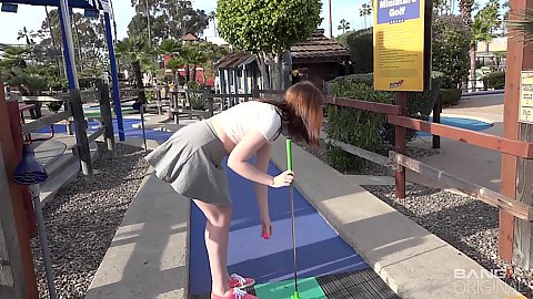 Miniskirt tiny boobs 18 year old amateur Maya Kendrick on a date with us in public playing some mini golf