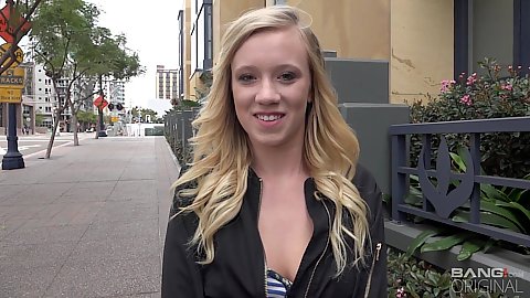 Pretty young public newcomer blonde Bailey Brooke no bra wearing showing tiny boobs cleavage and talking on the street