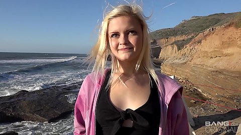 Cute smiling petite 18 year old Madison Hart on the beach with us hanging out then gets naked and shows us her young tight pussy on sofa during first time casting