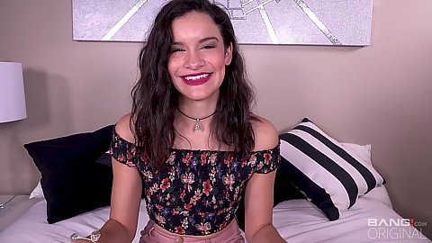 Smiling girl audition with flat chested 18 year old Eden Sin allowing the pinching of her nipples and fellatio