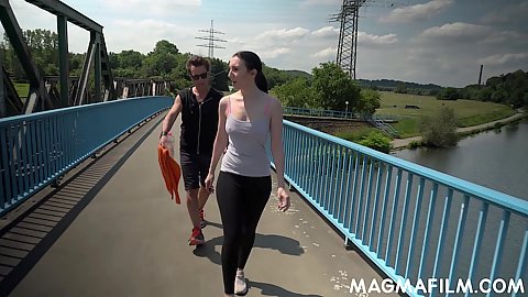 Outdoors with a workout leggings wearing jogger Alina Lamour taking her home to complete the private workout