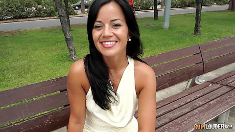 Smiling raven haired Jazmina Volcán having a nice butt she flashes her goodies on a public bench and we bring her home