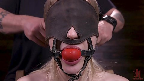 Ball gag blind fold and bondage tied to a chair with light skinned Violet October in for a surprise torment from hanlder