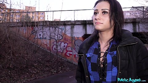 Brunette public euro teen Klaudia Diamond willing to accept sex for cash from stranger on street flashing boobies and sucking dick while its still light outside in the evening in pov