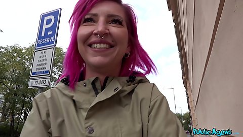 Alex Bee no piercing purple punk rocker hair girl shows ass on the public street after meeting and offering cash with strip club pov oral and titty fuck