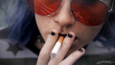 Close up sunglasses wearing teen smoking a cigarette in public outdoors Arya Fae then ass fingered by man