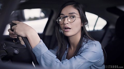 Brunette nerdy glasses wearing teen hottie driving around in car heading to the woods to meet her friend Emily Willis and Gianna Dior in secrecy