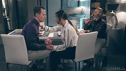 Dinner party with Alina Lopez she needs to prove something and starts to take cock out right next to the table and sucks it