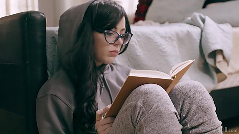Glasses wearing little girl nerd Whitney Wright is reading a book when she gets to talk to her man