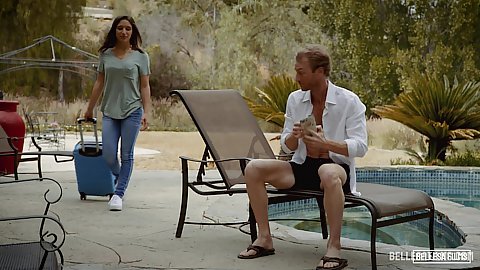Jeans wearing girl Abella Danger comes over and sees her friends dad just chilling by the pool lets him touch her ass over pants