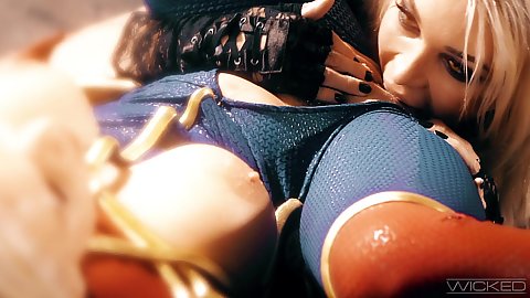 Close up cosplay and costume wearing superhero marvel parody with gleaming transsexual and 27 year old Kenzie Taylor and Aubrey Kate sucking cock