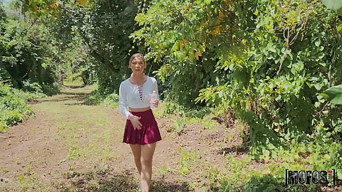 Little plaid skirt teen Addison Lee meets a stranger who puts her on a leash to suck his dick in the bushes