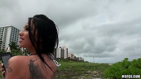 Outdoor with gf Raven Bay showing her bikini with blowjob and long eyelashes
