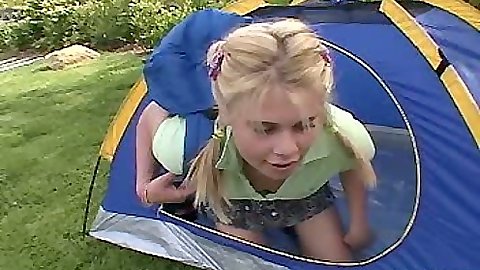 Little Summer jumping into tent in her mini skirt to get naked fast