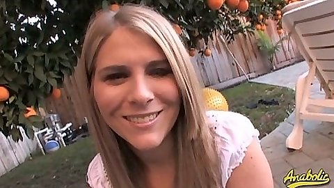 Outdoor Megan Reece gets blind folded and fully clothed group blowjob