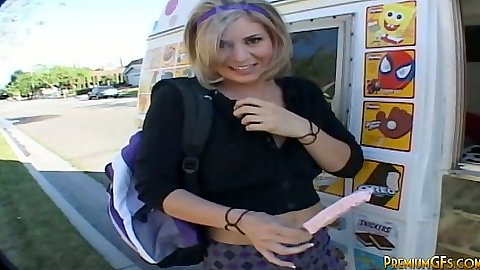 Blonde Stephanie public outdoor pickup in ice cream truck fuck