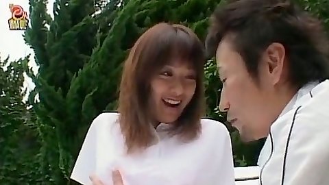 Asian outdoor tongue licking with teen Issa