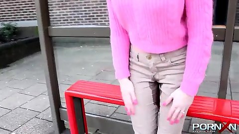 Fully clothed girl pissed her pants in public and walking around the street